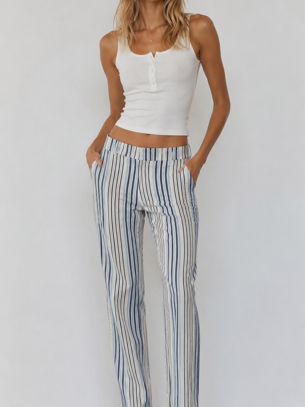 Express Vertical Stripe Straight-Leg Pants in Blue and White